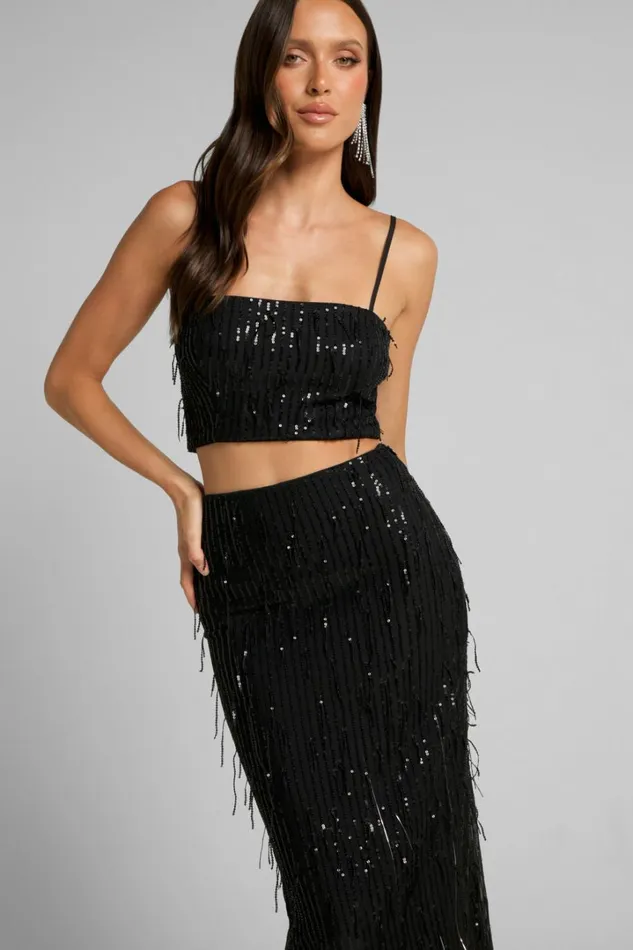 Harue Top 8211 Tassel Sequin Crop Top In Black Women Showpo Tops