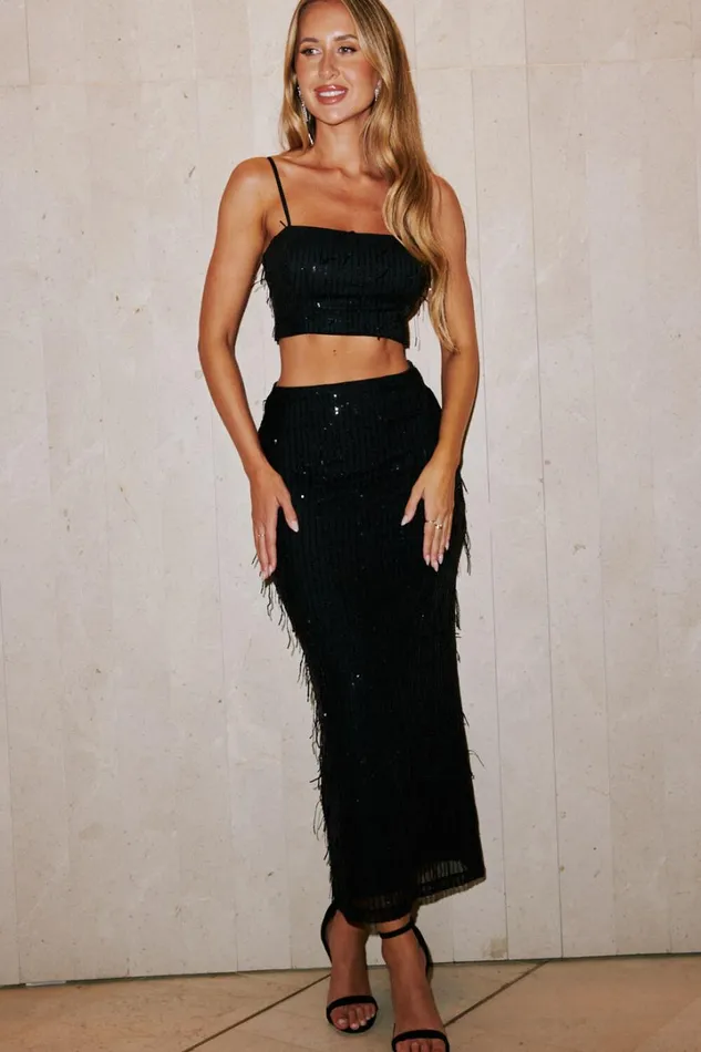 Harue Top 8211 Tassel Sequin Crop Top In Black Women Showpo Tops