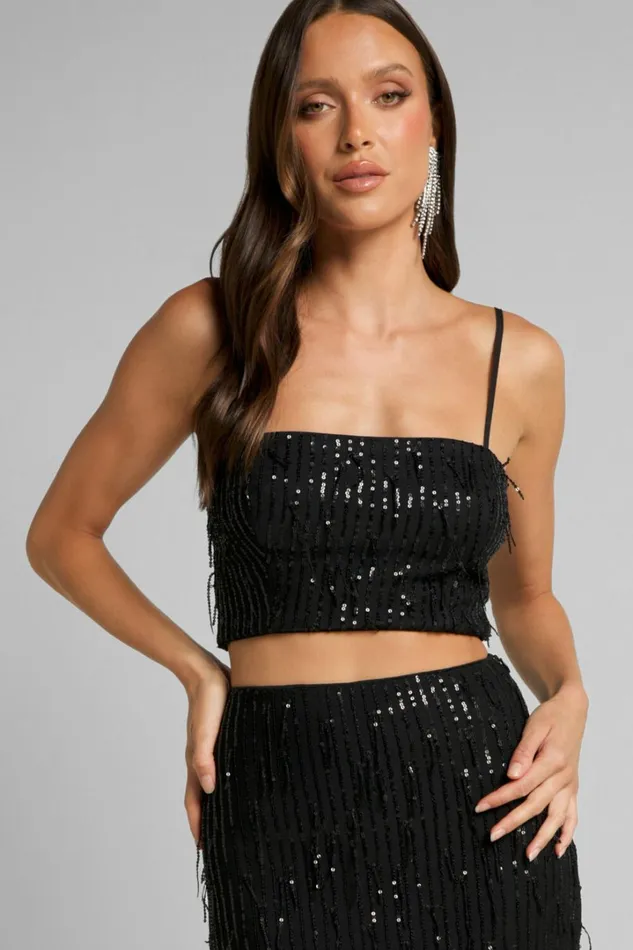 Harue Top 8211 Tassel Sequin Crop Top In Black Women Showpo Tops
