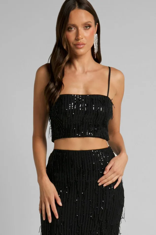 Harue Top 8211 Tassel Sequin Crop Top In Black Women Showpo Tops