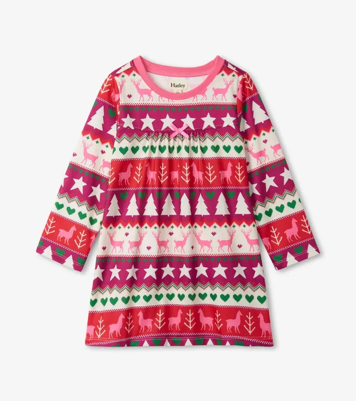 Hatley Holiday Fair Isle Long Sleeve Girls Nightgown Girls Sleepwear