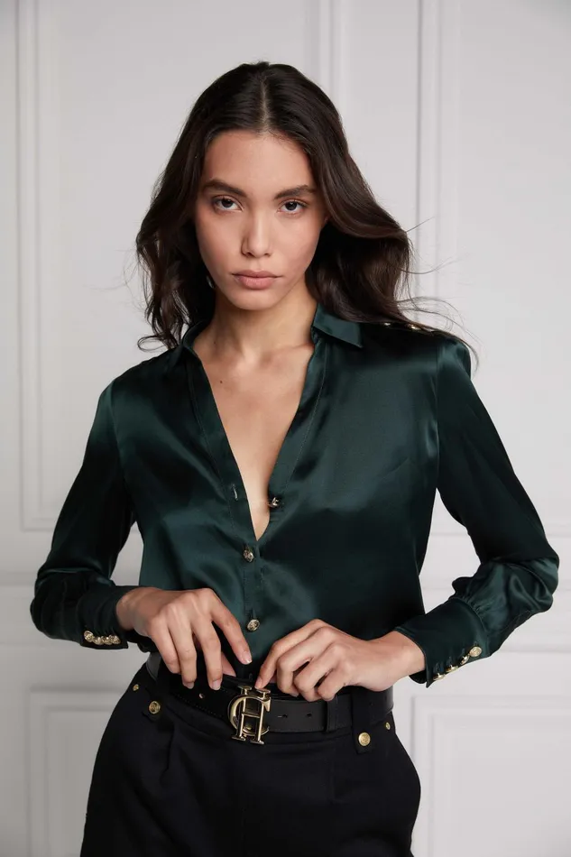 Holland Cooper Shirts and Blouses Women Silk VNeck Blouse Emerald Holland Cooper Shirts and Blouses Women Silk VNeck Blouse Emerald