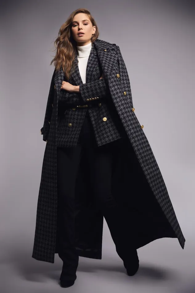Holland Cooper Tailoring Women Full Length Chelsea Trench Coat Large Scale Charcoal Houndstooth