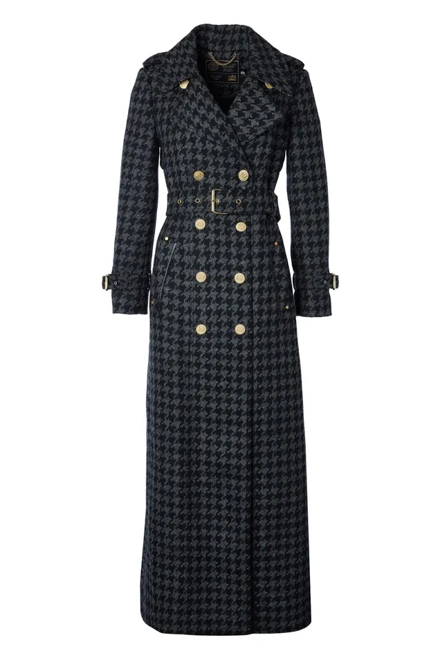 Holland Cooper Tailoring Women Full Length Chelsea Trench Coat Large Scale Charcoal Houndstooth