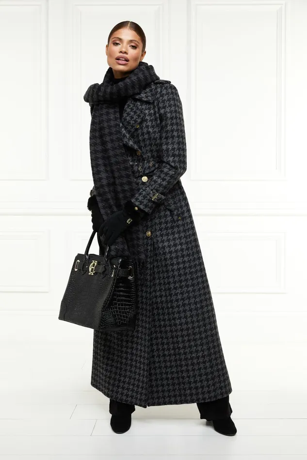 Holland Cooper Tailoring Women Full Length Chelsea Trench Coat Large Scale Charcoal Houndstooth