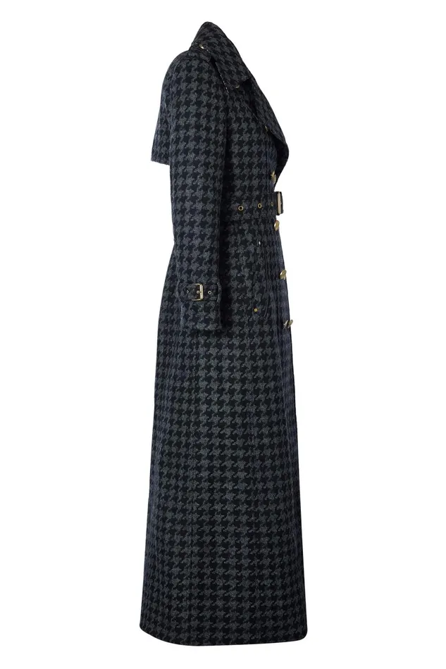 Holland Cooper Tailoring Women Full Length Chelsea Trench Coat Large Scale Charcoal Houndstooth