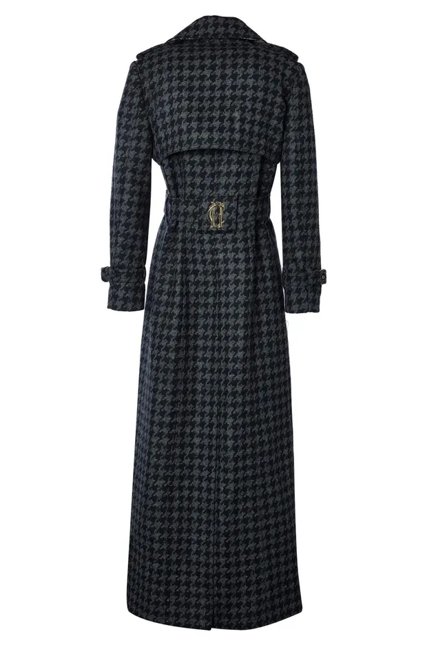 Holland Cooper Tailoring Women Full Length Chelsea Trench Coat Large Scale Charcoal Houndstooth