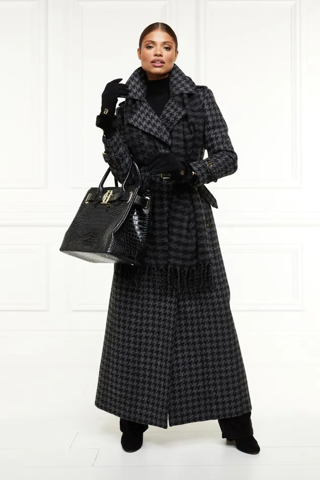Holland Cooper Tailoring Women Full Length Chelsea Trench Coat Large Scale Charcoal Houndstooth