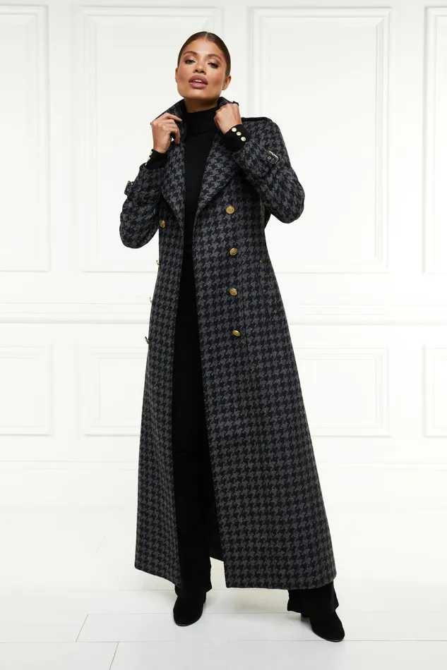 Holland Cooper Tailoring Women Full Length Chelsea Trench Coat Large Scale Charcoal Houndstooth