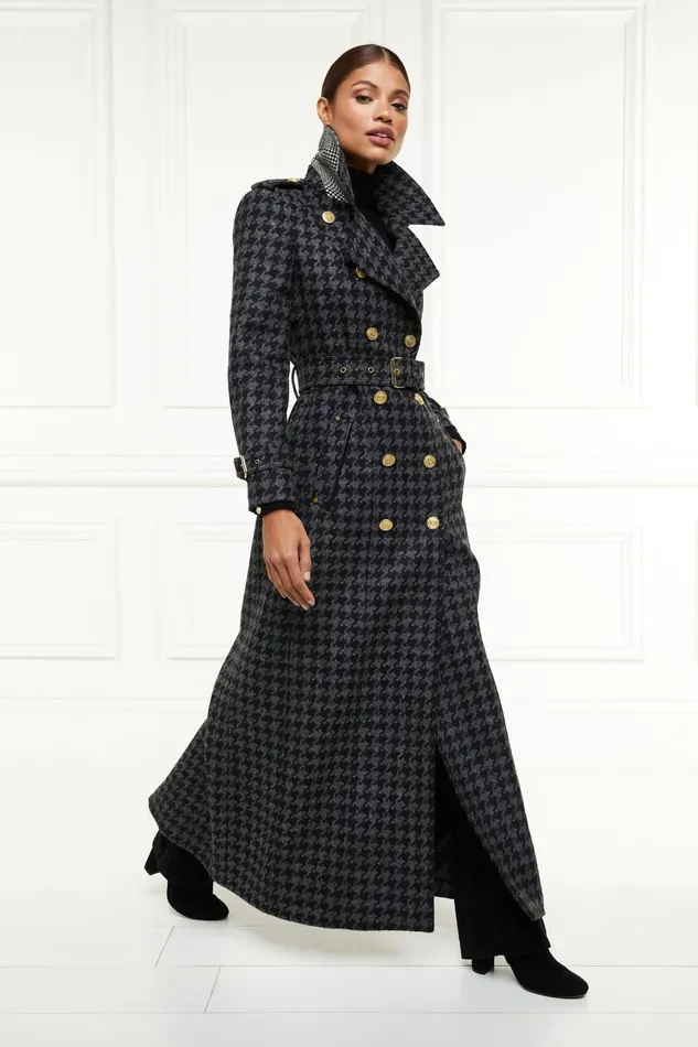 Holland Cooper Tailoring Women Full Length Chelsea Trench Coat Large Scale Charcoal Houndstooth