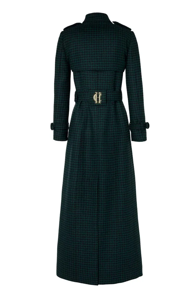 Holland Cooper Tailoring Women Full Length Marlborough Trench Coat Emerald Houndstooth