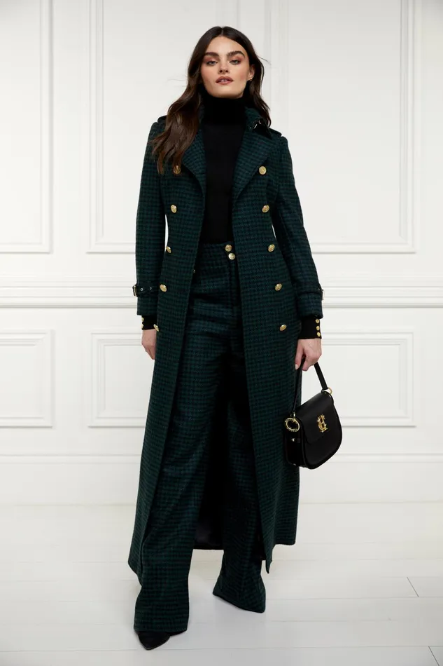 Holland Cooper Tailoring Women Full Length Marlborough Trench Coat Emerald Houndstooth