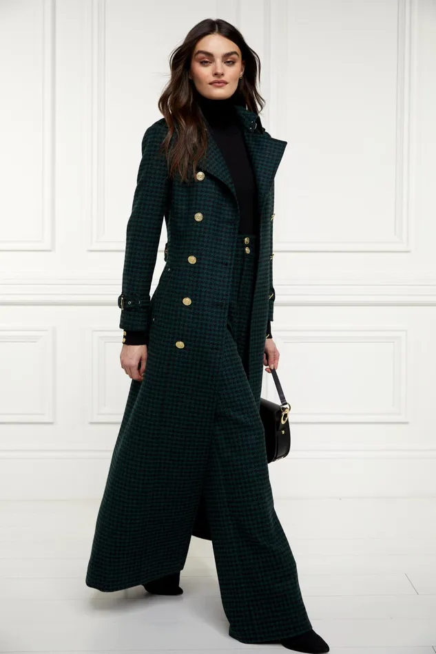 Holland Cooper Tailoring Women Full Length Marlborough Trench Coat Emerald Houndstooth