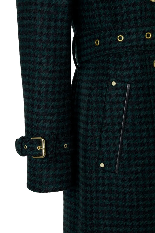 Holland Cooper Tailoring Women Full Length Marlborough Trench Coat Emerald Houndstooth