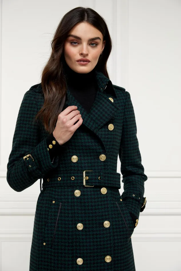 Holland Cooper Tailoring Women Full Length Marlborough Trench Coat Emerald Houndstooth