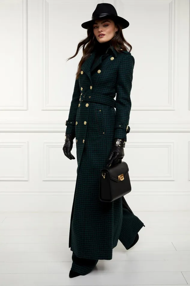 Holland Cooper Tailoring Women Full Length Marlborough Trench Coat Emerald Houndstooth
