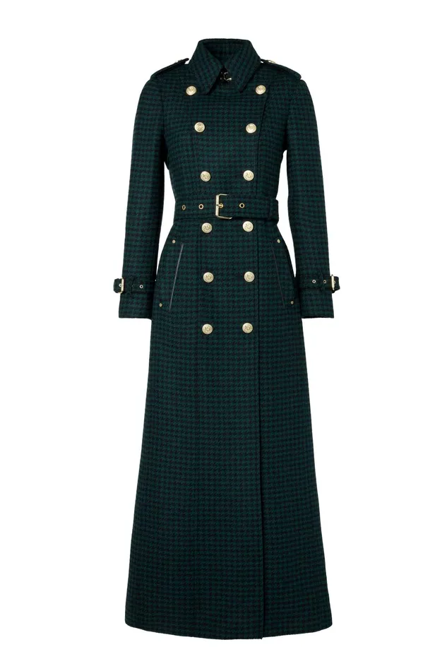 Holland Cooper Tailoring Women Full Length Marlborough Trench Coat Emerald Houndstooth