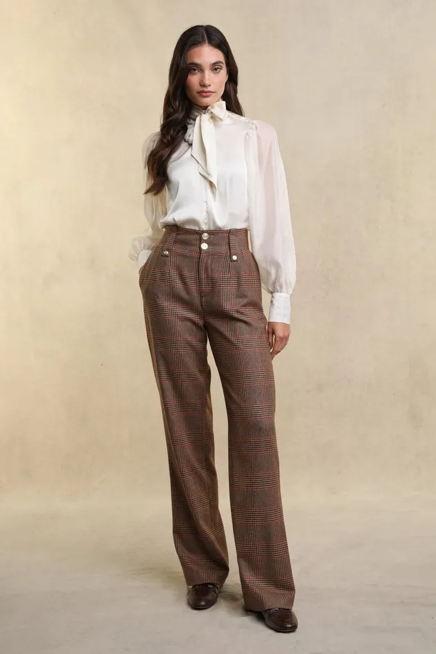 Holland Cooper Trousers Women High Waisted Straight Trouser Clarence Check Merlot