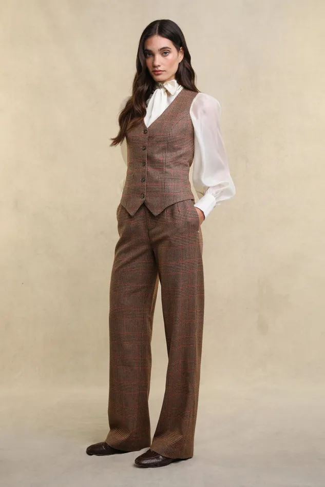 Holland Cooper Trousers Women High Waisted Straight Trouser Clarence Check Merlot Holland Cooper Trousers Women High Waisted Straight Trouser Clarence Check Merlot