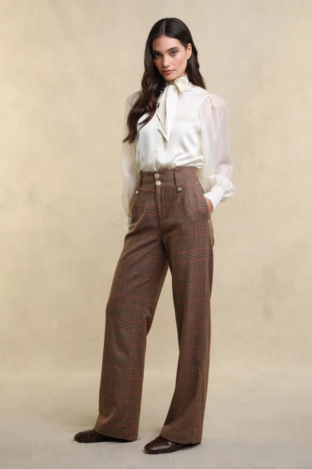 Holland Cooper Trousers Women High Waisted Straight Trouser Clarence Check Merlot Holland Cooper Trousers Women High Waisted Straight Trouser Clarence Check Merlot