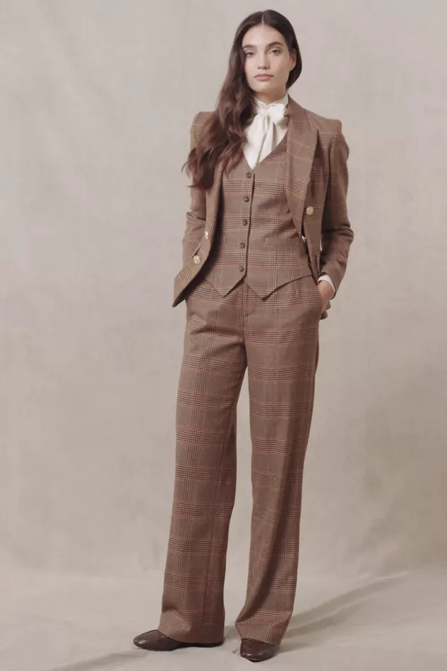 Holland Cooper Trousers Women High Waisted Straight Trouser Clarence Check Merlot Holland Cooper Trousers Women High Waisted Straight Trouser Clarence Check Merlot