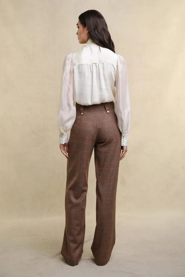 Holland Cooper Trousers Women High Waisted Straight Trouser Clarence Check Merlot Holland Cooper Trousers Women High Waisted Straight Trouser Clarence Check Merlot