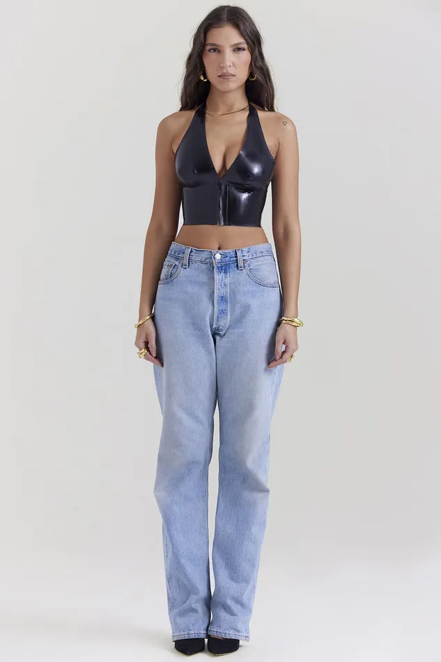 House Of CB AriadneBlack Latex Halter Top Black Women Tops