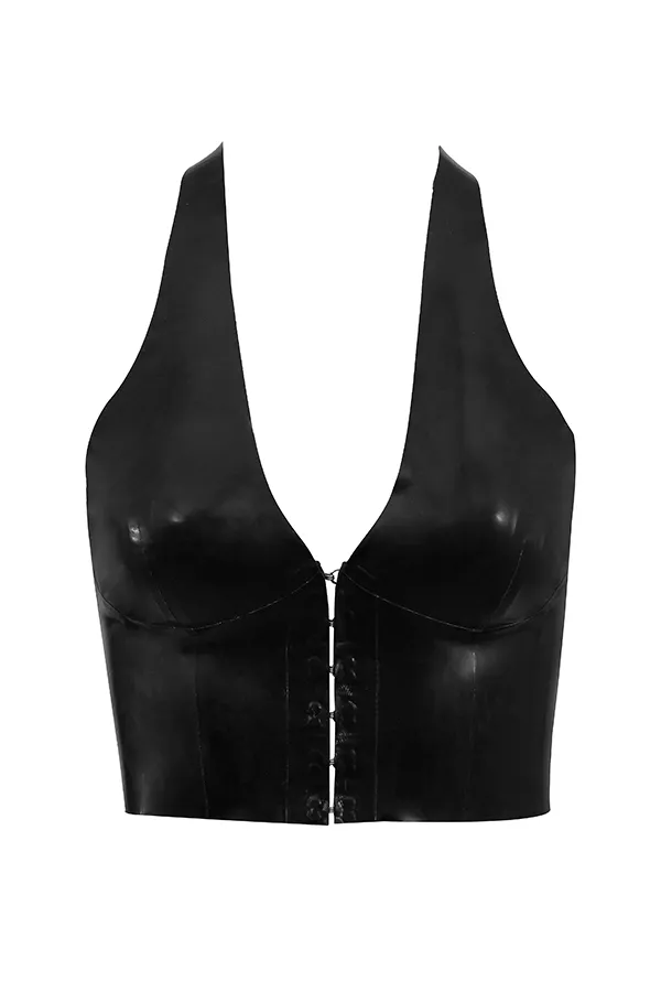 House Of CB AriadneBlack Latex Halter Top Black Women Tops