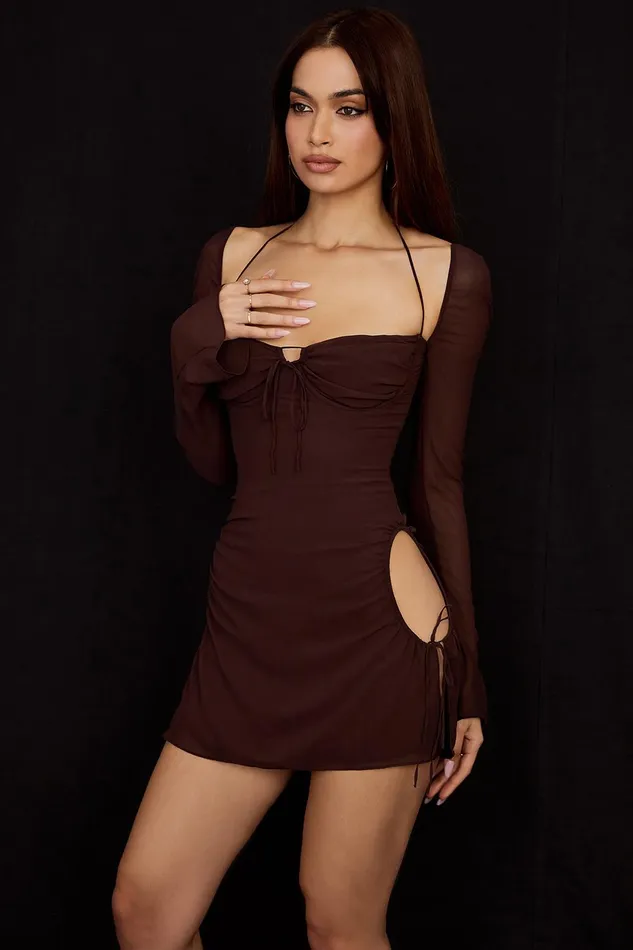 House Of CB BabyChocolate Chiffon Cutout Halter Mini Dress 8211 SALE Chocolate Women Mini Dresses