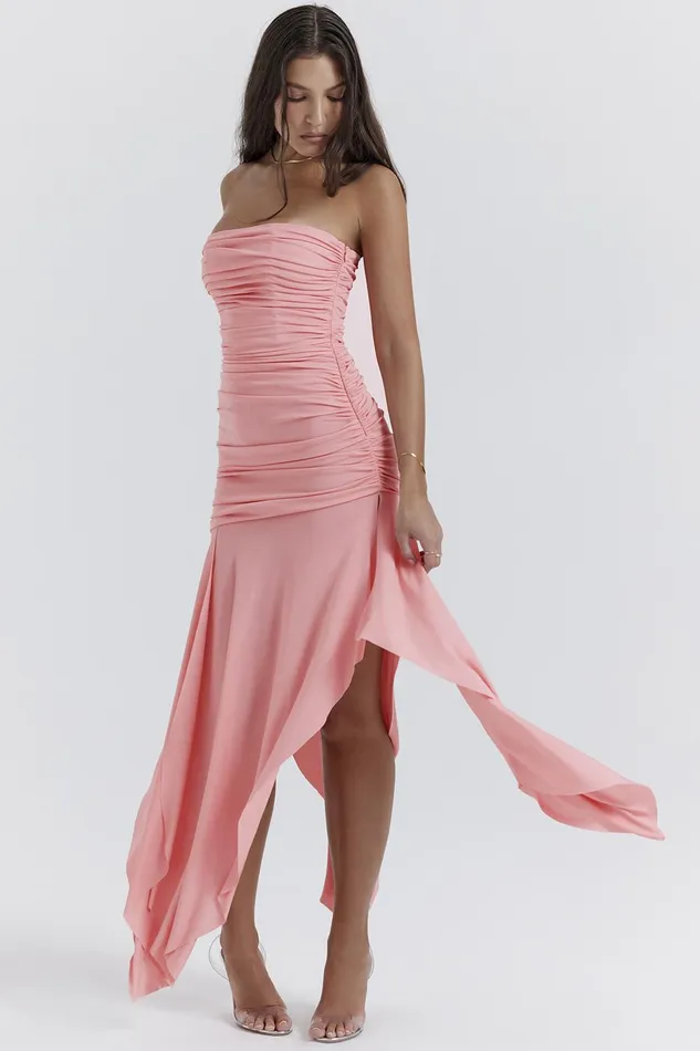 House Of CB IvanaApricot Gathered Asymmetric Dress 8211 SALE Apricot Women Midi Dresses