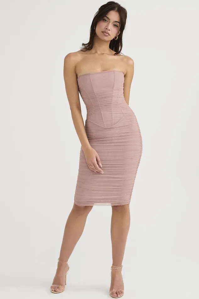 House Of CB JuliannaBlush Strapless Ruched Midi Dress 8211 SALE Blush Women Bodycon Dresses