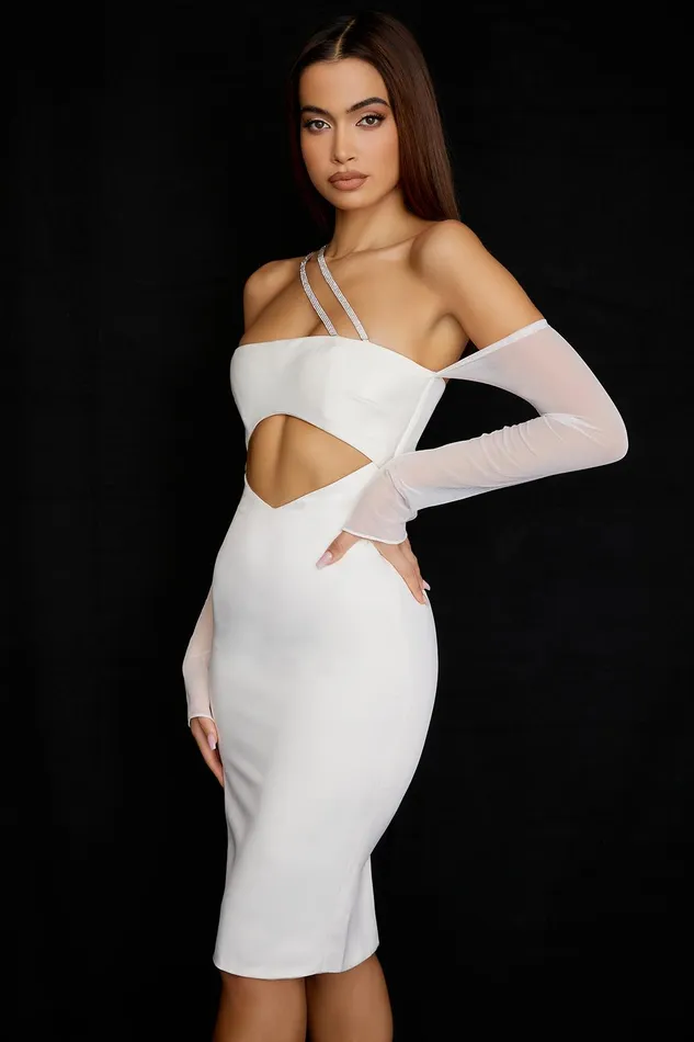 House Of CB LoulouIvory Satin Cutout Midi Dress 8211 SALE Ivory Women Bodycon Dresses
