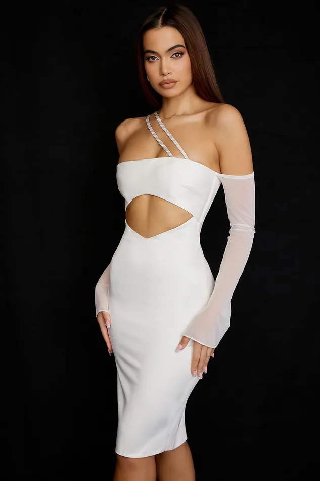 House Of CB LoulouIvory Satin Cutout Midi Dress 8211 SALE Ivory Women Bodycon Dresses