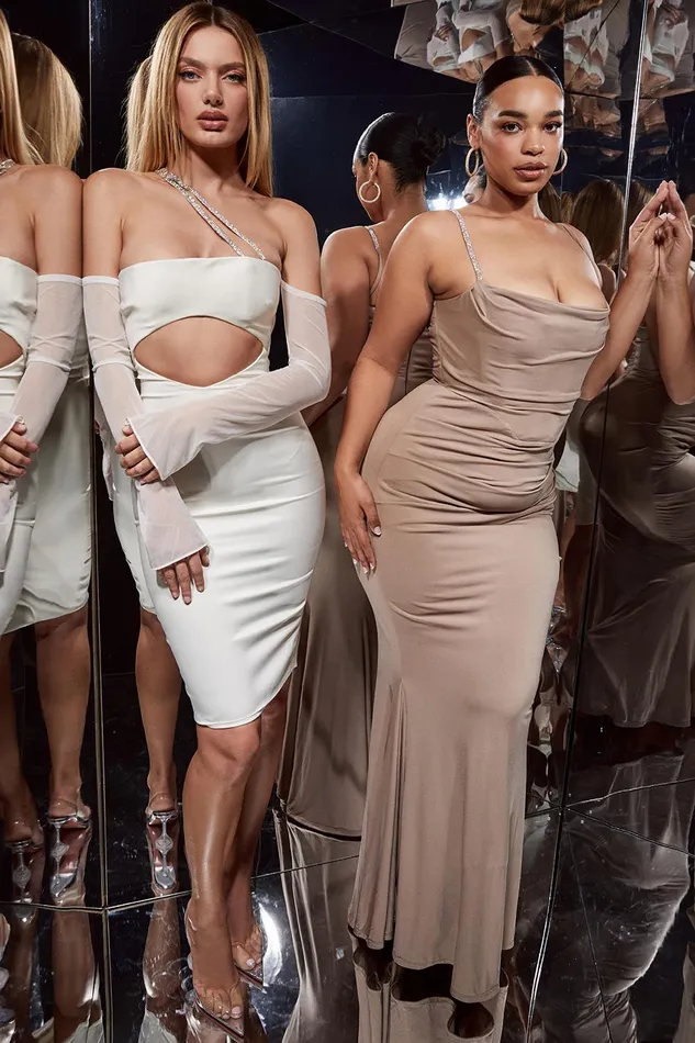 House Of CB LoulouIvory Satin Cutout Midi Dress 8211 SALE Ivory Women Bodycon Dresses