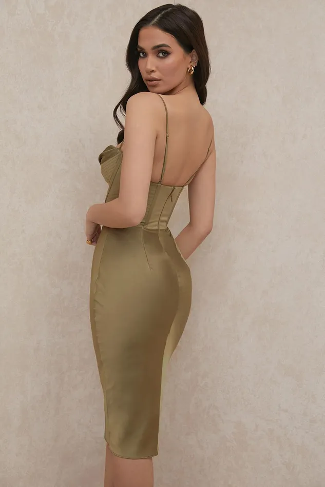 House Of CB MyrnaOlive Corset Slip Dress 8211 SALE Olive Women Midi Dresses