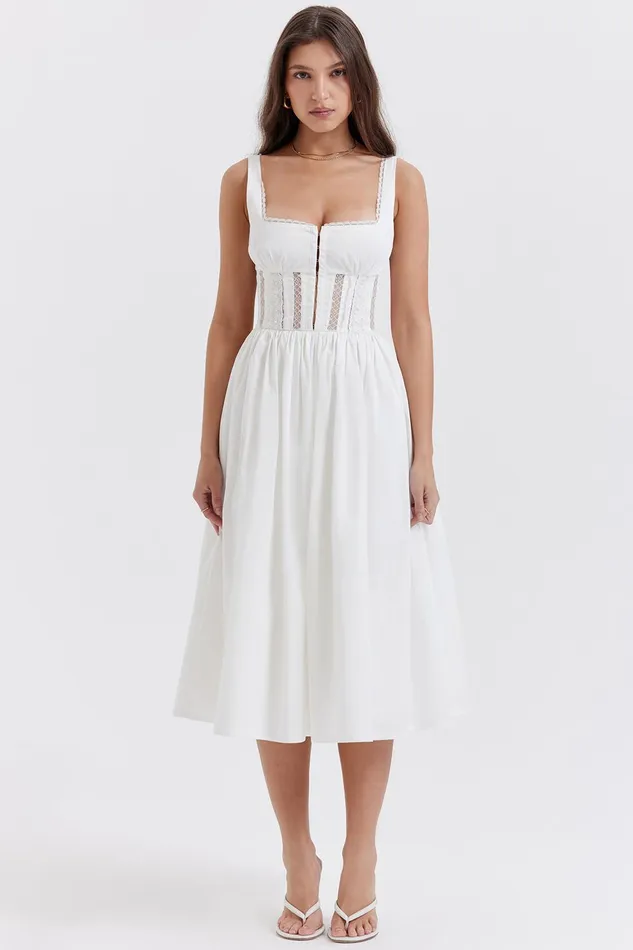 House Of CB PerleWhite Lace Trim Midi Dress White Women Midi Dresses
