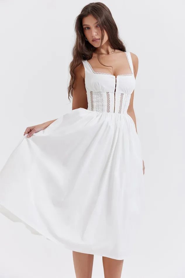 House Of CB PerleWhite Lace Trim Midi Dress White Women Midi Dresses