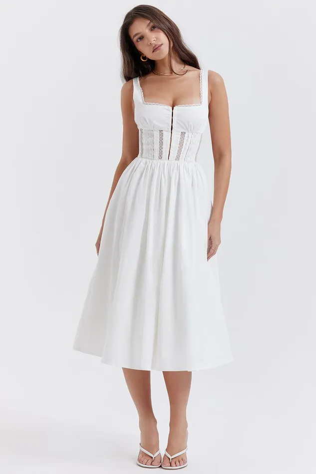House Of CB PerleWhite Lace Trim Midi Dress White Women Midi Dresses