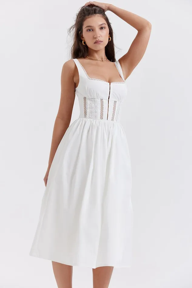 House Of CB PerleWhite Lace Trim Midi Dress White Women Midi Dresses