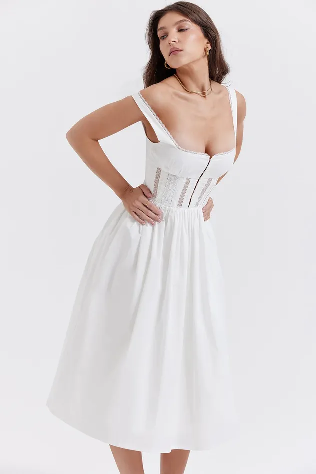 House Of CB PerleWhite Lace Trim Midi Dress White Women Midi Dresses