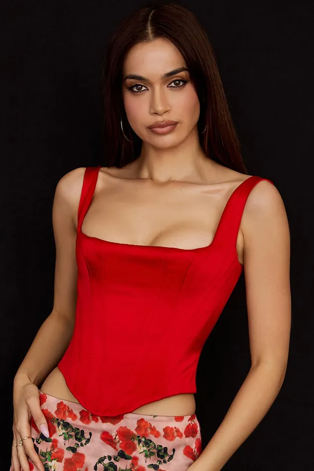 House Of CB RafaScarlet Satin Longline Corset Scarlet Women Corsets