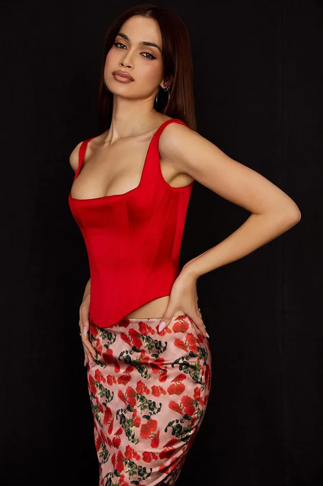House Of CB RafaScarlet Satin Longline Corset Scarlet Women Corsets