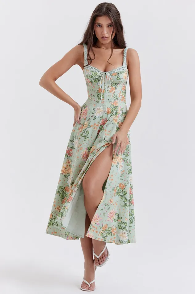 House Of CB SabrinaLight Jade Print Bustier Sundress Light Women Maxi Dresses