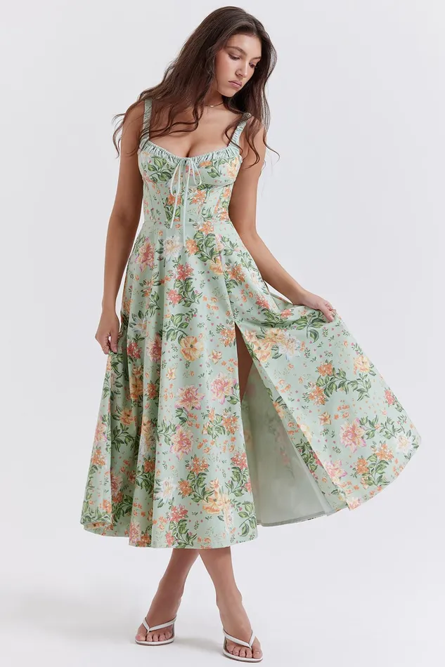 House Of CB SabrinaLight Jade Print Bustier Sundress Light Women Maxi Dresses
