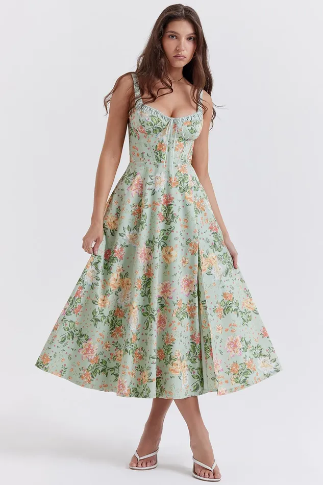 House Of CB SabrinaLight Jade Print Bustier Sundress Light Women Maxi Dresses