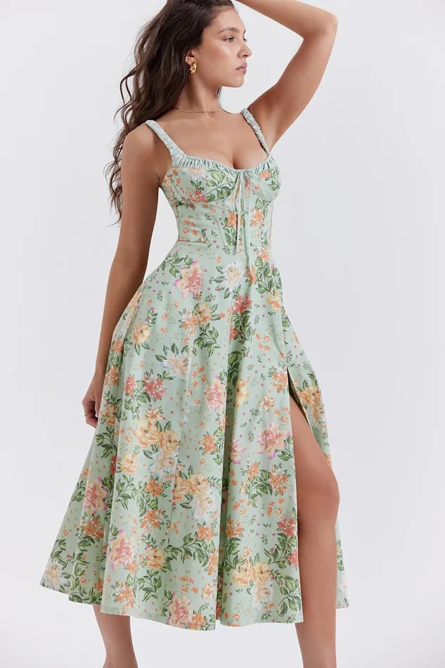House Of CB SabrinaLight Jade Print Bustier Sundress Light Women Maxi Dresses