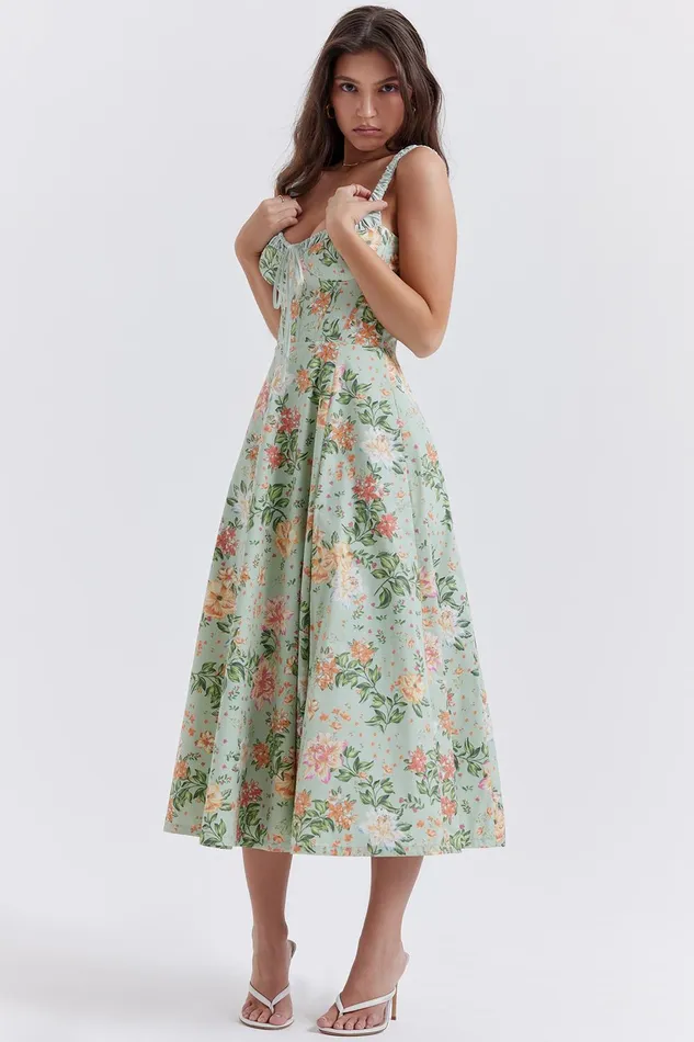 House Of CB SabrinaLight Jade Print Bustier Sundress Light Women Maxi Dresses