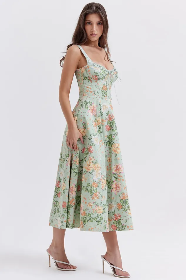 House Of CB SabrinaLight Jade Print Bustier Sundress Light Women Maxi Dresses