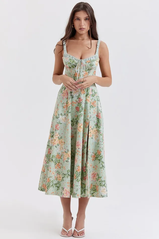 House Of CB SabrinaLight Jade Print Bustier Sundress Light Women Maxi Dresses