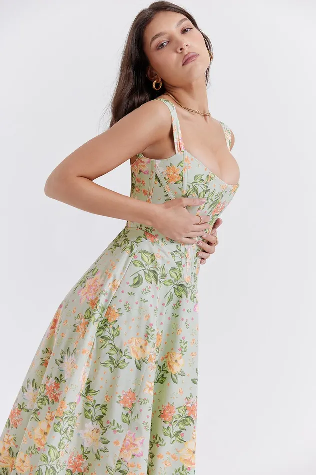 House Of CB SairaLight Jade Print Midi Sundress Light Women Corset Dresses